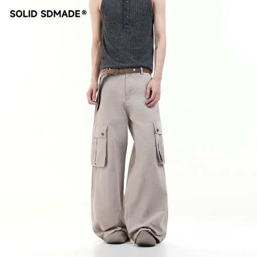 SOLID SDMADE 美式潮牌做旧多口袋工装裤男女宽松直筒复古休闲裤