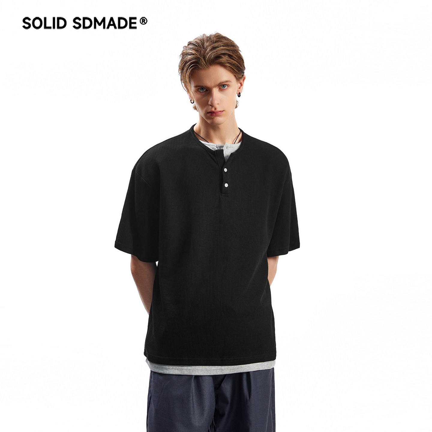 SOLID SDMADE 美式复古华夫格亨利领假两件短袖T恤男女夏季宽松款 - 实物图