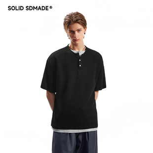 SOLID SDMADE 美式复古华夫格亨利领假两件短袖T恤男女夏季宽松款