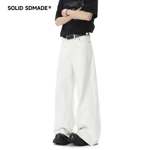 SOLIDSDAMDE 美式潮牌白色牛仔裤男女拼接设计感弯刀宽松阔腿长裤