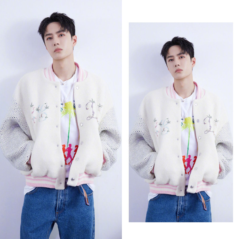 王一博街舞同款衣服秋季白色烫钻棒球服情侣短款外套男女2021年秋