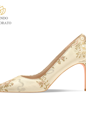 2025年新款休闲百搭细跟高跟鞋女款舒适刺绣花卉舒适真皮女士船鞋