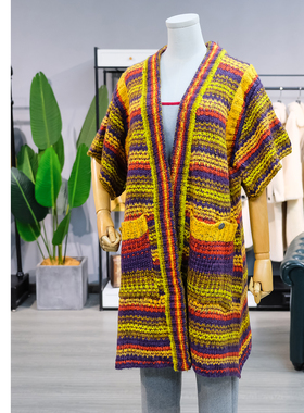 秋冬2019新款中长款条纹粗针针织开衫撞色短袖慵懒风毛衣外套女