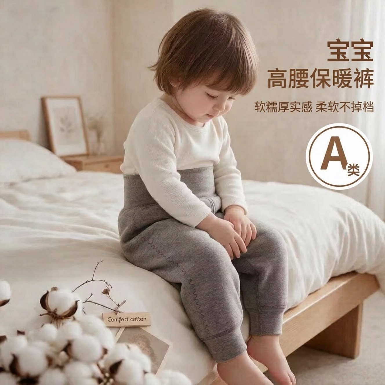 宝宝高腰护肚棉裤秋冬A类婴儿大PP裤无骨缝制儿童保暖打底家居裤