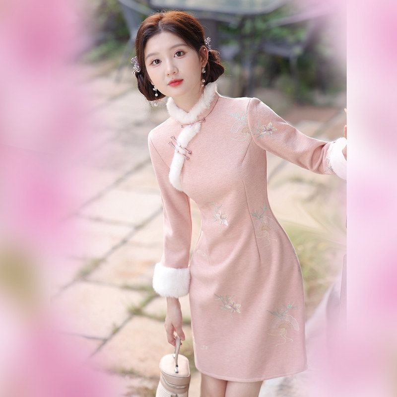 粉色旗袍冬装小个子短款冬季长袖加绒加厚冬天女新中式国风年轻款