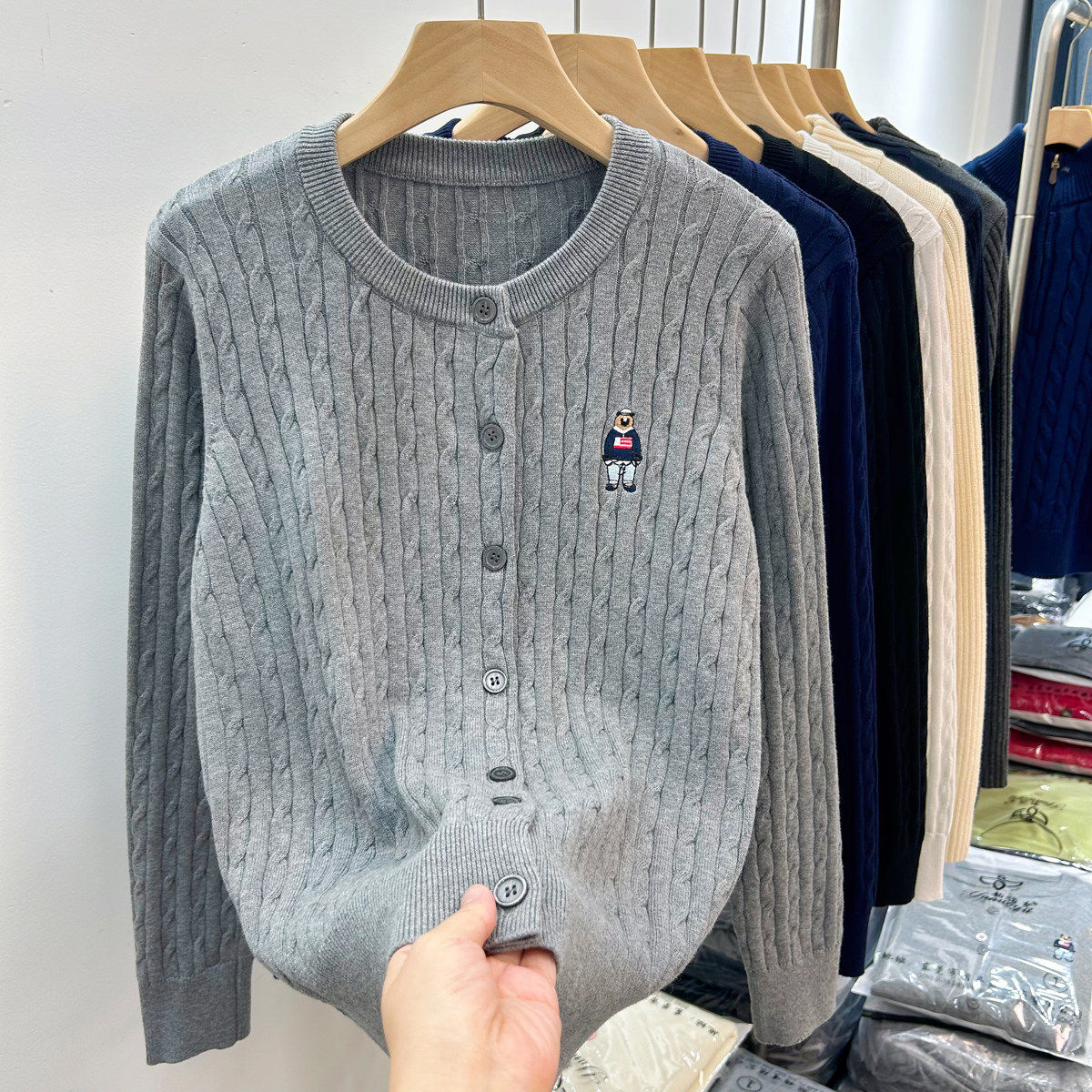 不起球100%纯棉针织衫女士开衫外搭薄款圆领长袖春秋刺绣洋气外套