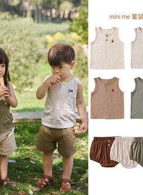 男女婴幼儿童宝宝纯棉夏季新款刺绣无袖背心花苞短裤套装T恤纯色