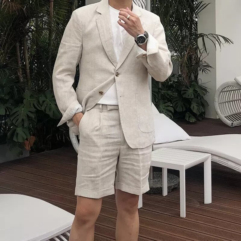 春夏季薄款亚麻纯色英伦西装套装韩版复古棉麻西服短裤套装时尚潮