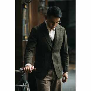 秋冬经典复古tweed羊毛西装男士鱼骨纹粗花呢西服人字纹休闲外套