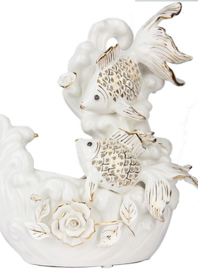 白色陶瓷缸年年有余摆件