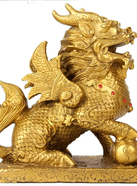 朴器 8.8寸铜书卷麒麟摆件  铜财富麒麟摆件一对  铜麒麟摆件