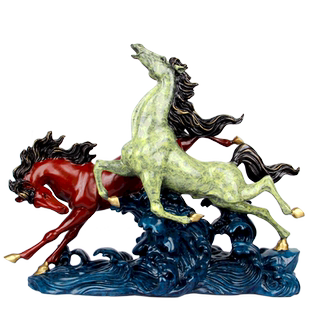 朴器 彩绘铜双马摆件