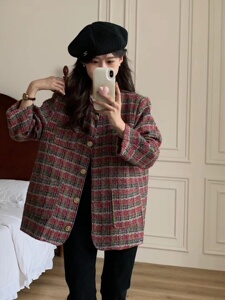 yks依咔奢春秋粗花格子毛呢外套女小众高级感洋气百搭小香风上衣