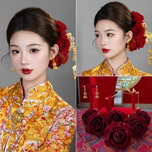 新娘红色玫瑰花龙凤褂头饰套装