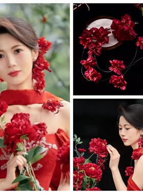 红色绢花发簪古风汉服发饰