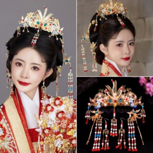秀禾原创汉服凤凰大气发冠发簪后压套装设计古风霞帔结婚镀金饰品