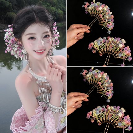 天使新娘超仙新款刘亦菲同款满天星仿真花发叉发饰甜美新娘发饰品