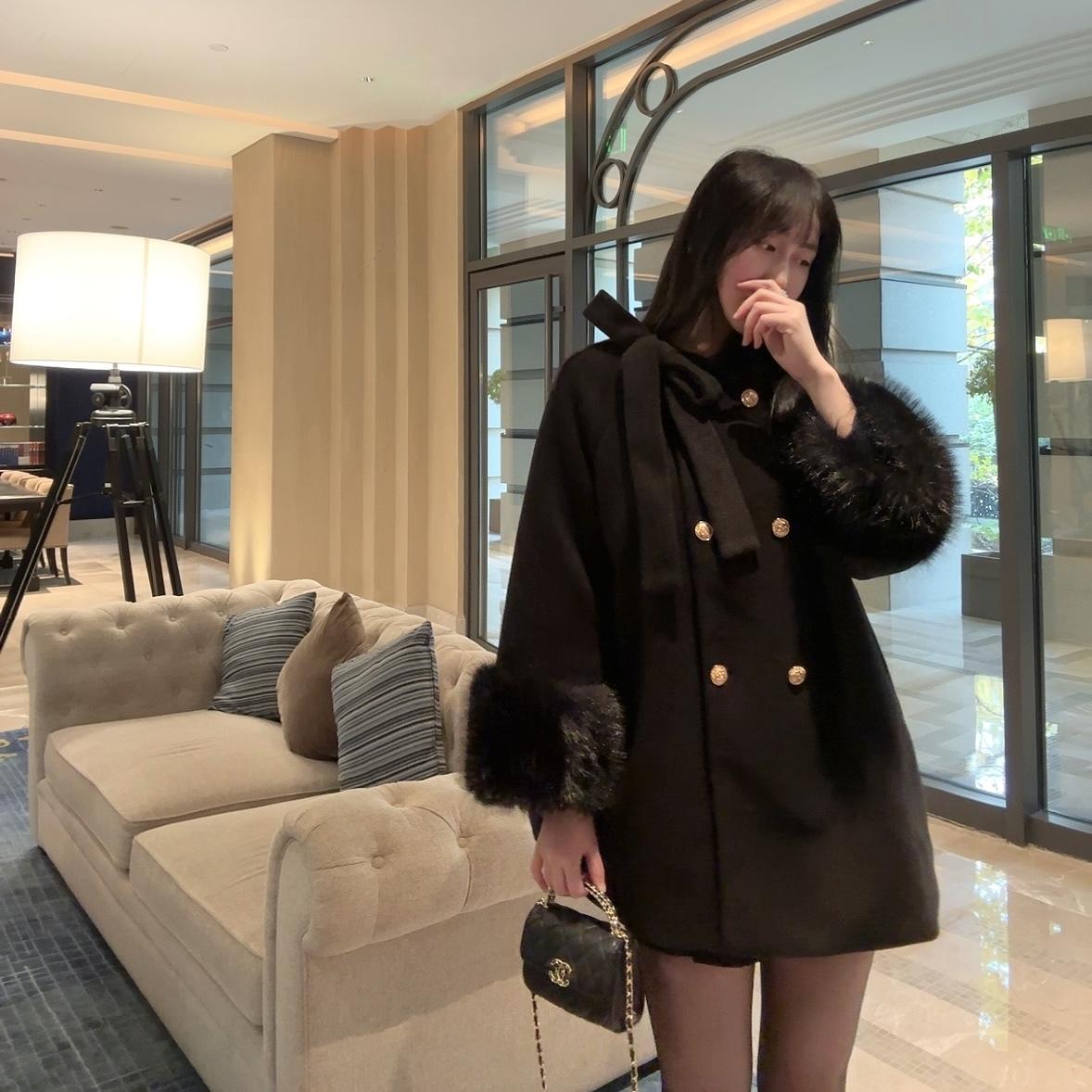 Sin boutique 大毛领毛呢斗篷外套女金扣蝴蝶结呢子千金气质大衣