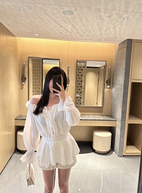 Sin boutique重工密拷花朵收腰衬衫裙女夏减龄甜美一字肩长款上衣