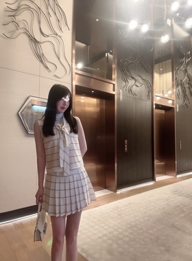 Sin boutique高定套装夏新缪白色条纹显瘦名媛气质绑带衬衫百褶裙