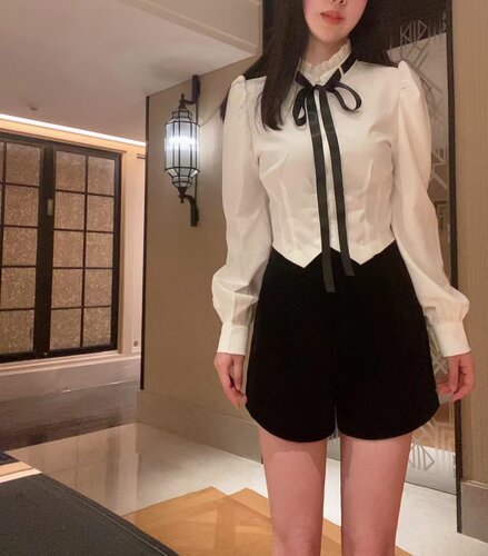 修身法式长袖衬衫别致宫廷风