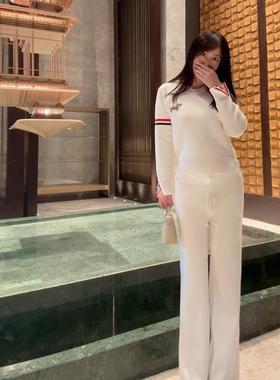 Sn boutique白色抽绳针织阔腿休闲裤女百搭松紧腰长裤直筒垂感裤