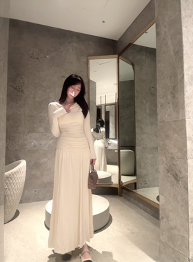 Sin boutique 艺术长袖连衣裙女设计感褶皱拼接弹力修身显瘦长裙