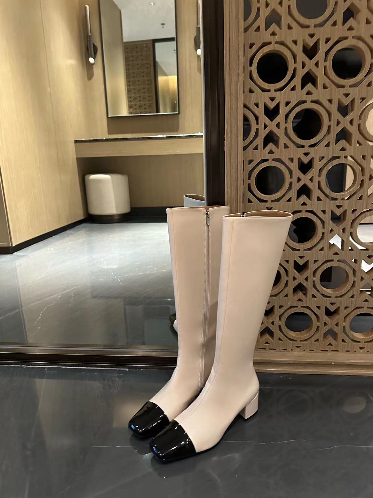 千金风粗跟中筒靴气质拼色瘦腿