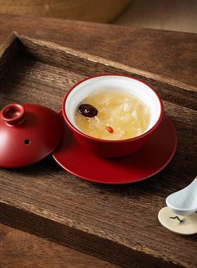 中式红色一人份食隔水炖盅高端会所家用蒸煮炖燕翅鲍汤盅带盖底托
