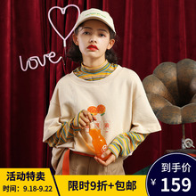 女半高领学生外套 AlikeUnlike 港风宽松印花假两件套头卫衣绒衫