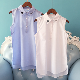 纯凝职业装白领白色蓝色刺绣休闲打底衫假领衬衣女士纯棉无袖衬衫