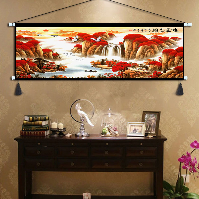 中式山水画客厅招财装饰画办公室风水挂画鸿运当头风景壁画挂毯布