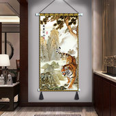 中式 饰画茶楼民宿挂毯走廊玄关壁画布 猛虎下山挂画布艺卧室书房装