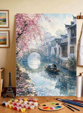 樱花古桥diy数字油画手工填色解压治愈系客厅卧室装饰挂画