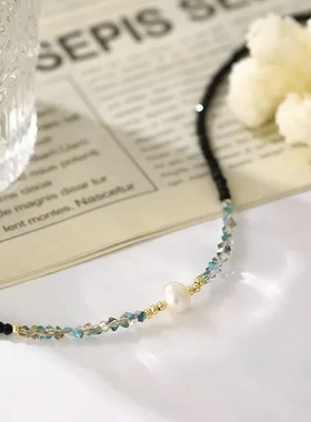 颈链珍珠项链网红设计感韩版时尚黑尖晶石锁骨链串珠气质