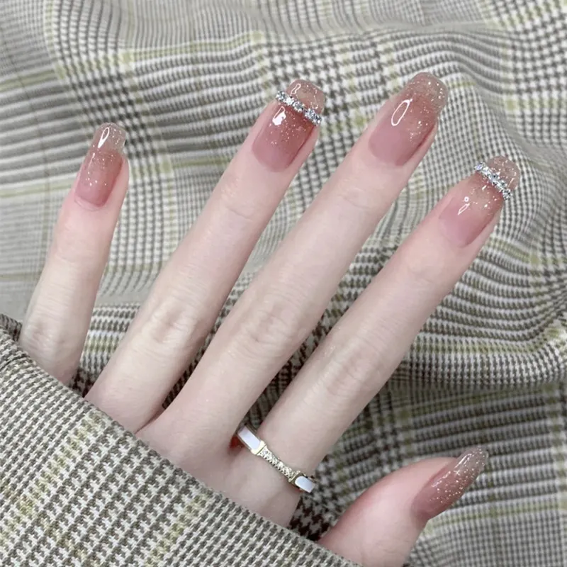 B336链条碎闪穿戴甲手工光疗假指甲贴片夏季网红闪粉美甲成品中长