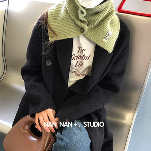 韩版字母标三颗纽扣坑条针织含羊毛脖套女秋冬保暖毛线假领子围脖