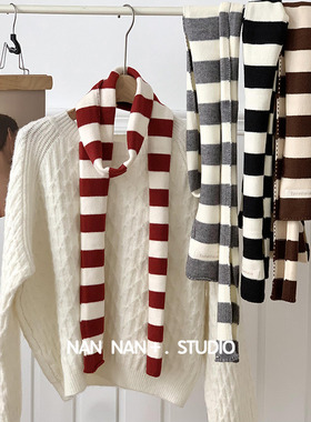 拼色条纹小腊肠长条围脖秋冬装饰凹造型Y2K时髦穿搭细窄围巾女潮