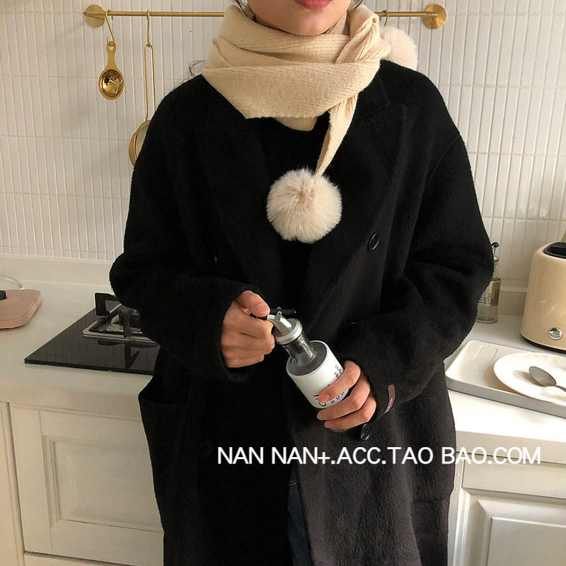 日系温柔纯色毛球针织毛线围巾女冬可爱百搭减龄球球围脖长款披肩
