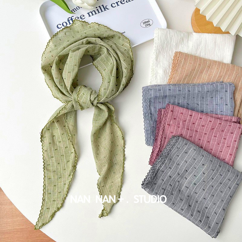 条纹点点三角巾女春秋棉麻