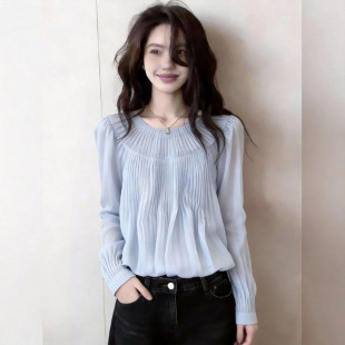 显瘦百搭气质衬衫 通勤蓝色褶皱上衣女温柔风简约长袖 新款 2026春季