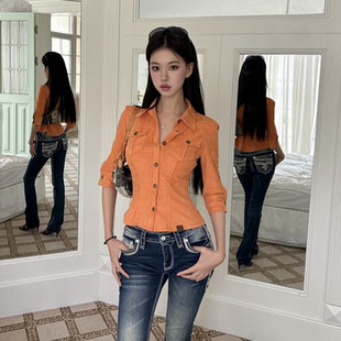 垫肩衬衣辣妹上衣 工装 复古性感蜜薯色棕色麂皮衬衫 日杂感半袖