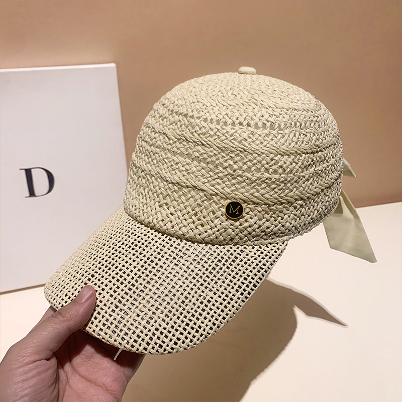 韩版手工钩针字母棒球帽夏季女鸭舌帽后蝴蝶结草帽文艺遮阳帽子潮