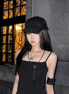黑色柳钉前进帽女夏简约百搭复古日系画家帽大头围贝雷帽鸭舌帽潮