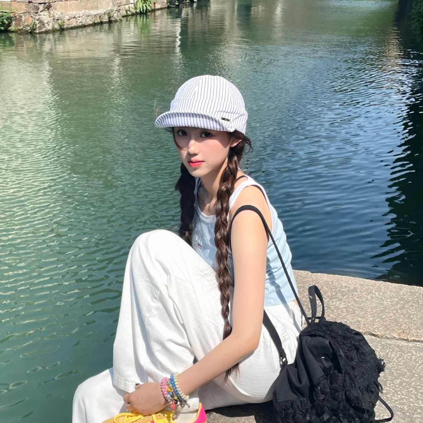 日系复古条纹鸭舌帽女春夏季薄款百搭宽帽檐大脸显脸小防晒帽子潮