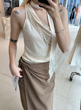 2024春夏新款设计师品牌LE蕾丝拼接飘带醋酸不对称无袖背心吊带女