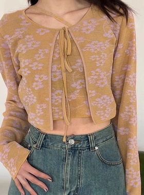 low classic韩国25春夏新款设计感印花系带开衫背心两件套针织衫