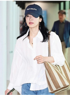 现货MOIA宋慧乔同款白色竖条纹棉质宽松休闲百搭简约衬衫2024新品