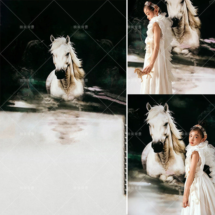 马年新年中国风儿童拍照背景布室内拍照影楼白马写真拍照背景纸