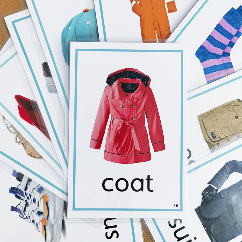 英语启蒙防水单词卡英文闪卡大卡片衣服装鞋类英语幼儿教师教具